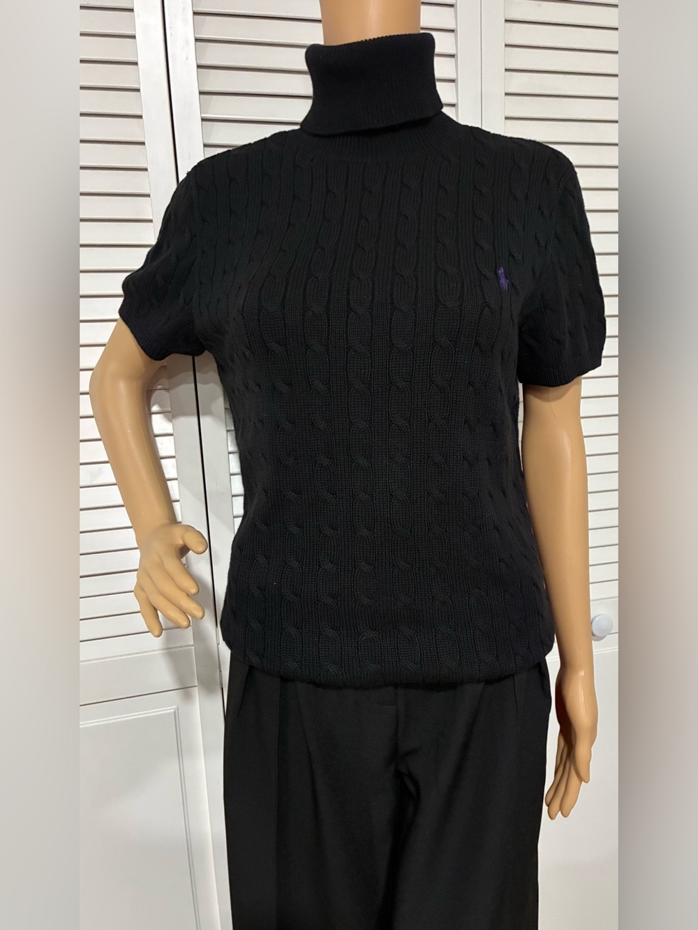 Ralph Lauren Black Cable-Knit Short Sleeve Turtleneck Sweater